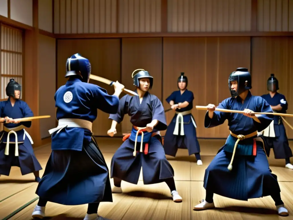 Grupo de practicantes de kendo realizando rutinas de entrenamiento con agilidad en un dojo