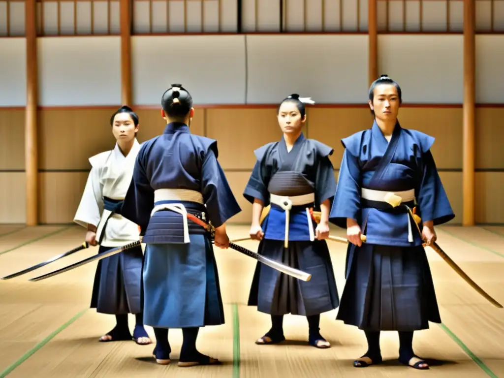 Grupo de practicantes de Kendo samurái en intenso entrenamiento, destacando la disciplina y tradición del arte marcial japonés