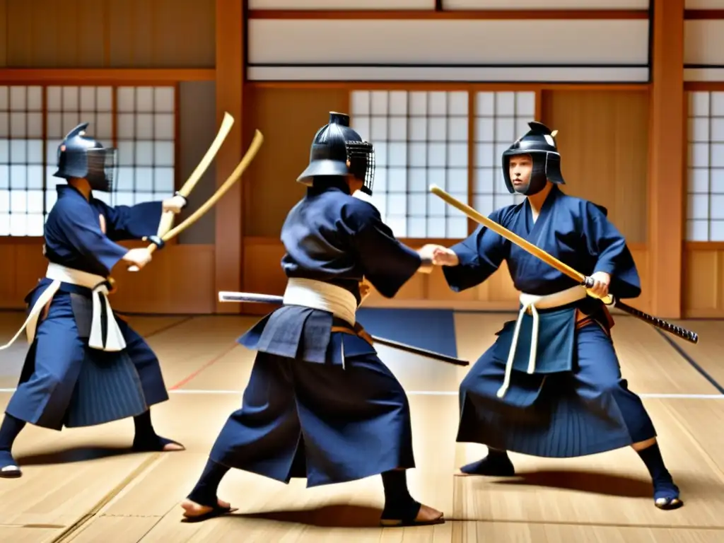 Grupo de practicantes de kendo samurái demostrando katas con precisión y determinación