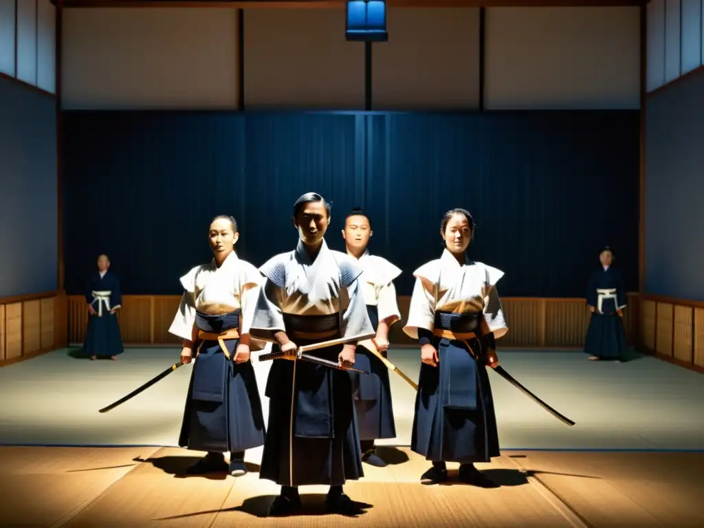 Grupo de practicantes de Kendo en uniformes blancos levantan sus shinai en un dojo con luz tenue