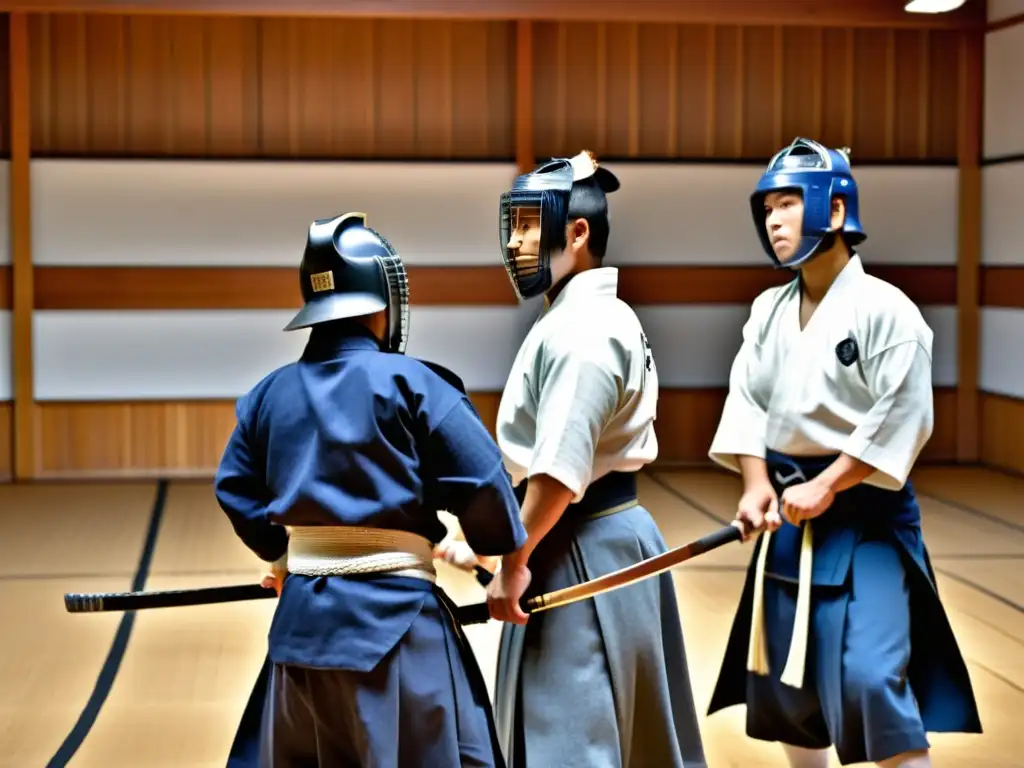 Un grupo de practicantes de kendo en uniformes blancos enfrentándose en un dojo sereno, mostrando la disciplina y la filosofía del Kendo samurái