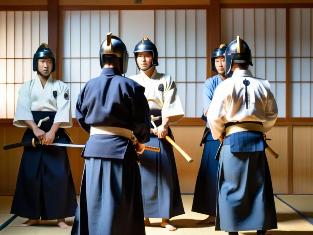 Un grupo de practicantes de kendo en uniformes tradicionales realizando un intenso entrenamiento kendo contemporáneo siglo XXI en un dojo