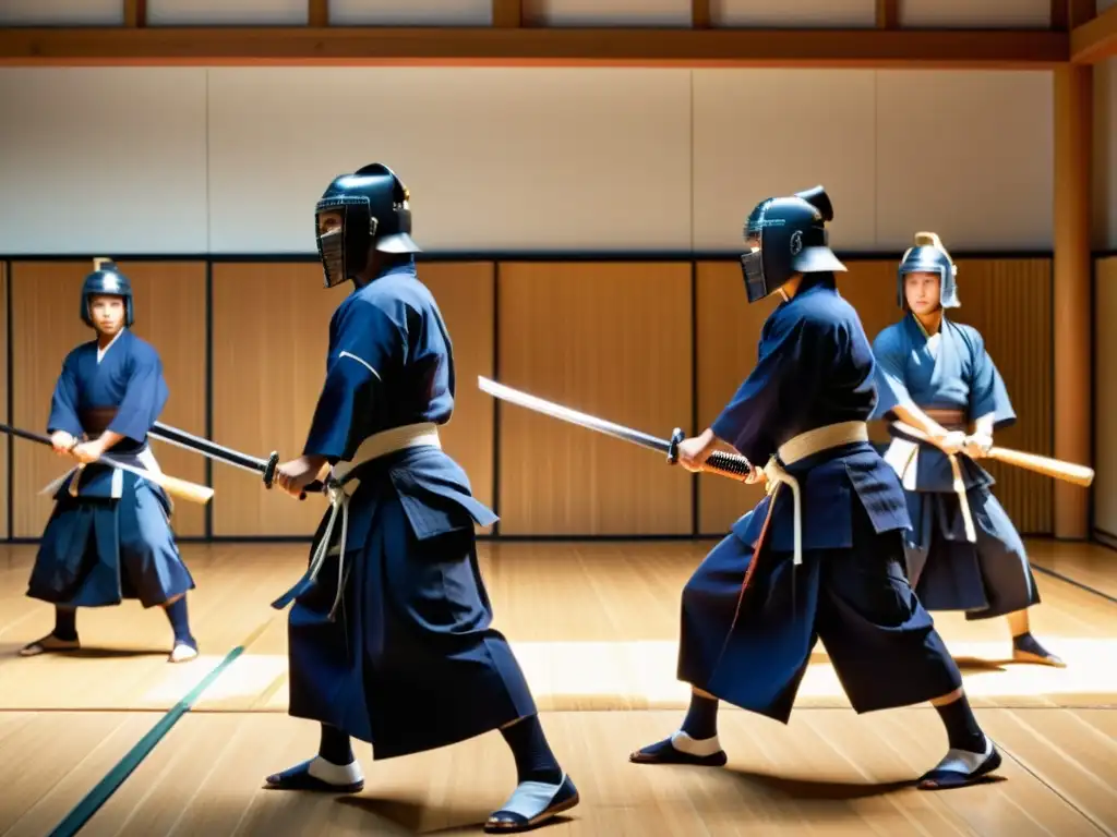 Un grupo de practicantes de Kendo en uniformes tradicionales blanco y añil ejecutando una kata en un dojo sereno y soleado