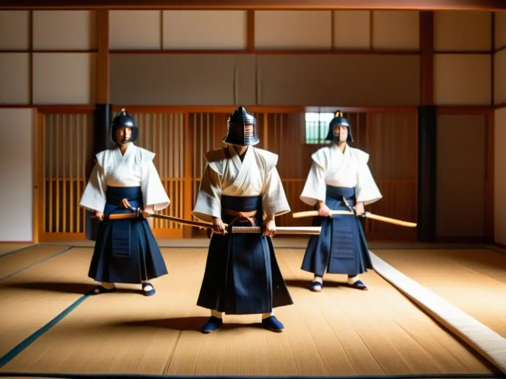 Un grupo de practicantes de kendo en uniformes blancos tradicionales, concentrados en su práctica en un dojo iluminado por el sol