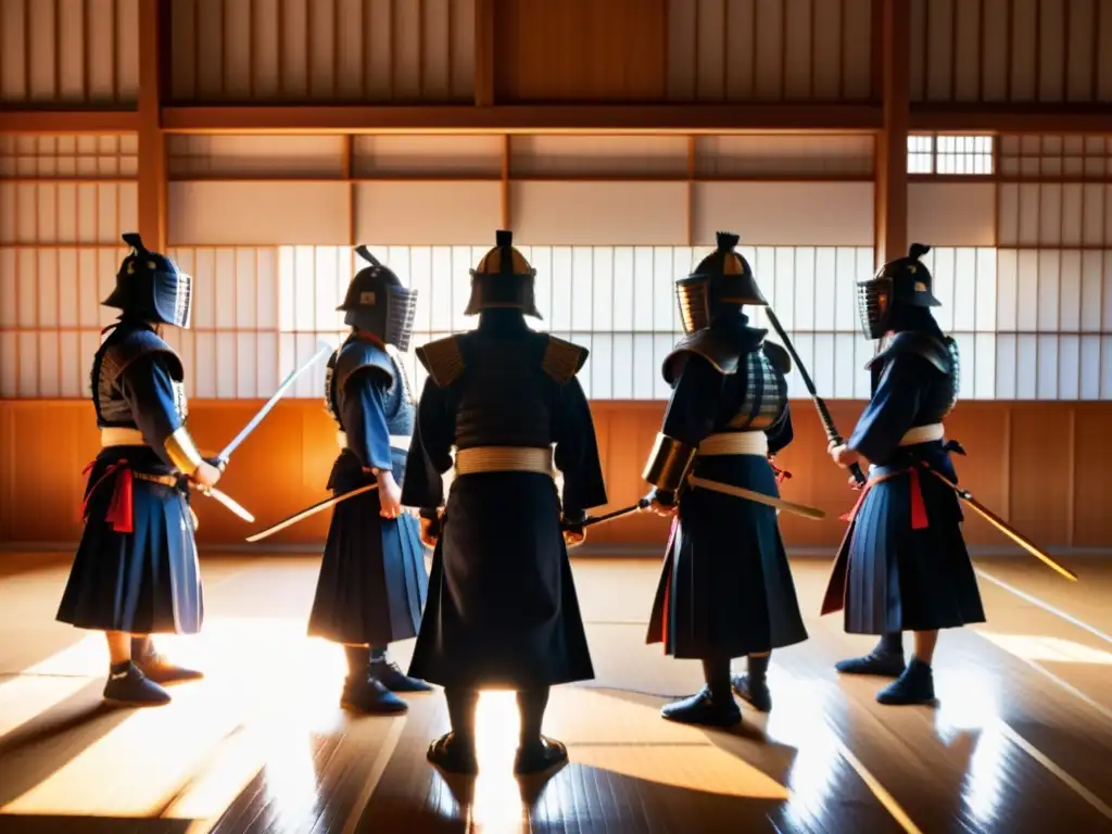 Un grupo de practicantes de kendo, vestidos con armaduras samurái y equipo moderno, entrenan con determinación en un dojo