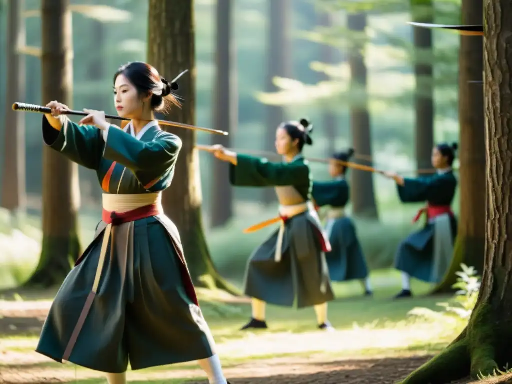 Grupo de practicantes de Kyudo en un claro del bosque, concentrados y vestidos tradicionalmente