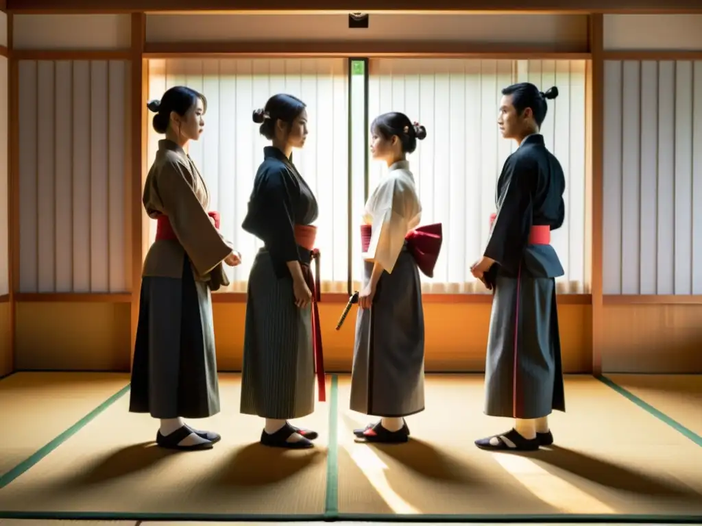 Grupo de practicantes de Kyudo en un dojo sereno, vistiendo hakama y kimono, preparándose para un ritual, capturando la postura y etiqueta en Kyudo