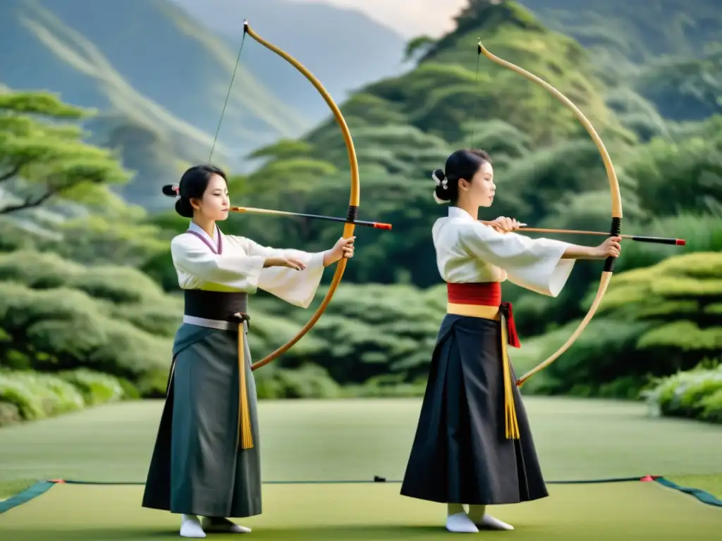 Grupo de practicantes de Kyudo con postura y etiqueta, realizando movimientos precisos en un entorno sereno con montañas y exuberante vegetación