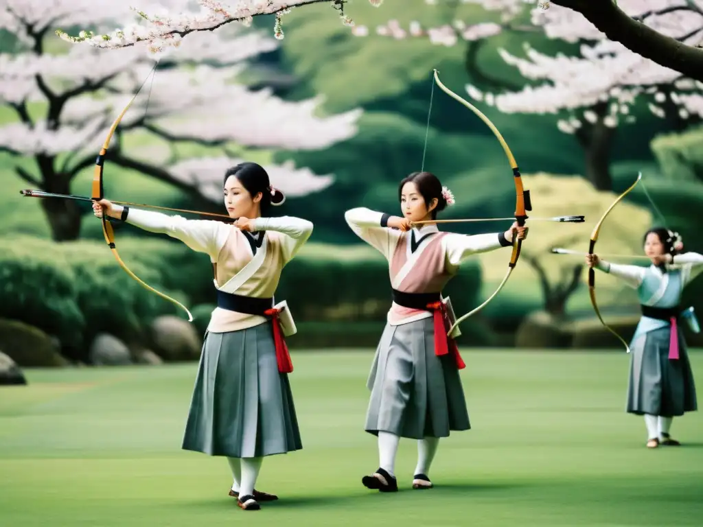 Grupo de practicantes de Kyudo en un jardín tranquilo con árboles de cerezo en flor