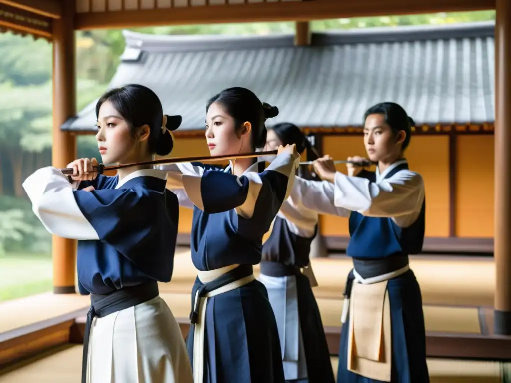 Grupo de practicantes de kyudo en uniformes tradicionales, concentrados en el entrenamiento mental y físico en un entorno tranquilo y disciplinado