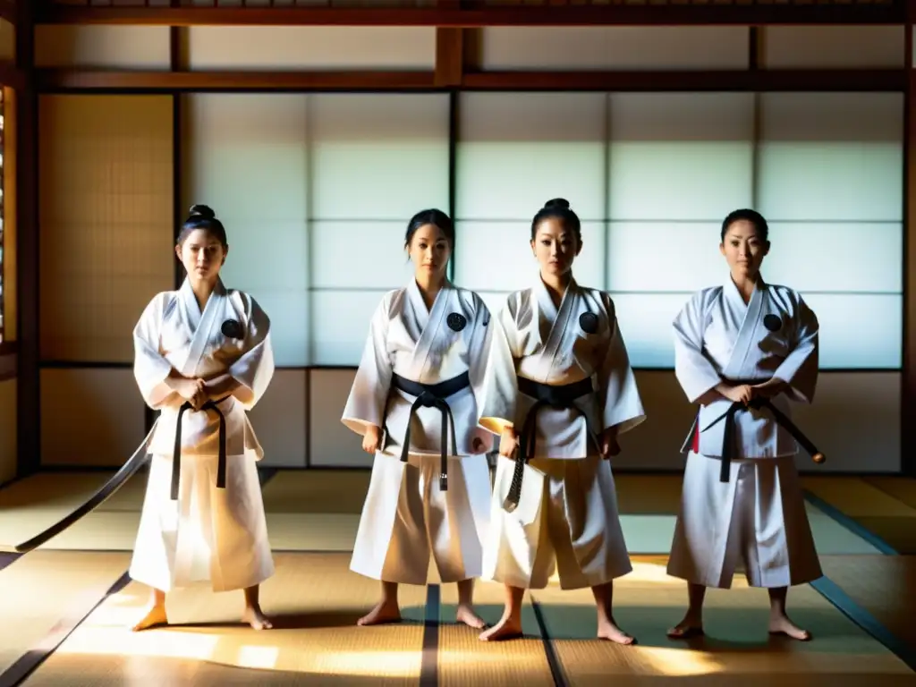 Un grupo de practicantes modernos de Naginatajutsu en un dojo tradicional, vistiendo uniformes blancos y sosteniendo sus naginatas