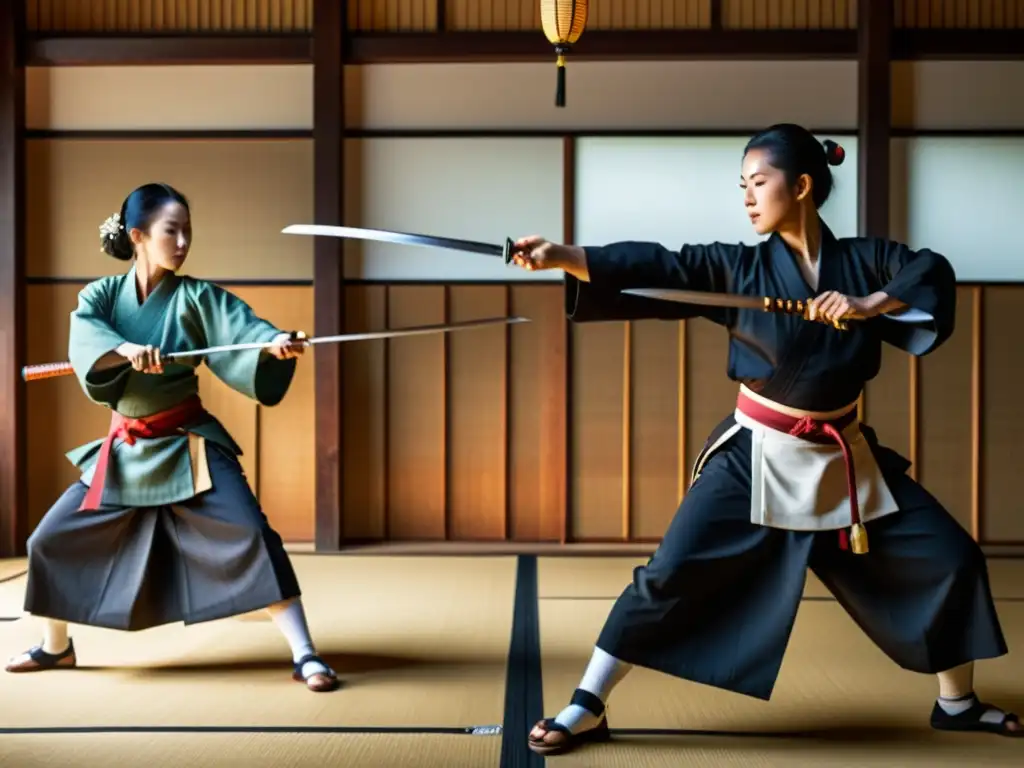 Un grupo de practicantes de Naginatajutsu, ataviados con trajes tradicionales japoneses, ejecutan movimientos precisos y elegantes con sus naginatas en un dojo sereno