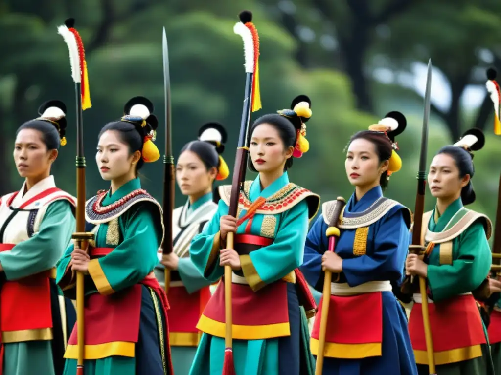 Un grupo de practicantes de Naginatajutsu en atuendo ceremonial, listos para una actuación en un templo japonés