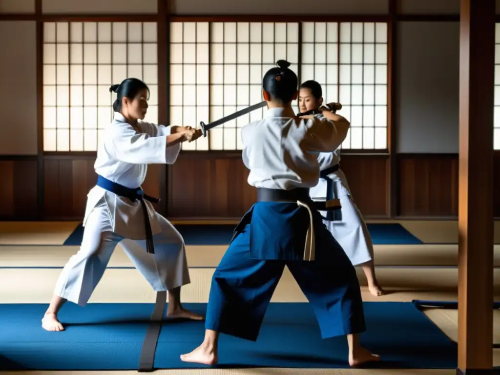 Grupo de practicantes de Naginatajutsu entrenando en un dojo, demostrando movimientos precisos y fluidos