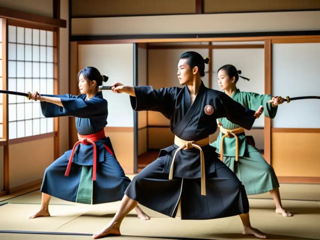 Grupo de practicantes de Naginatajutsu realizando una grácil kata en un dojo tradicional, preservando la tradición del Naginatajutsu moderno