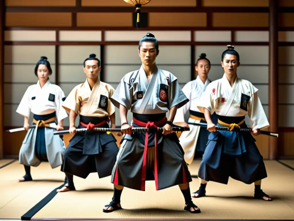 Un grupo de practicantes de Naginatajutsu en trajes samurái muestra su destreza con la técnica de la lanza en un dojo tradicional japonés