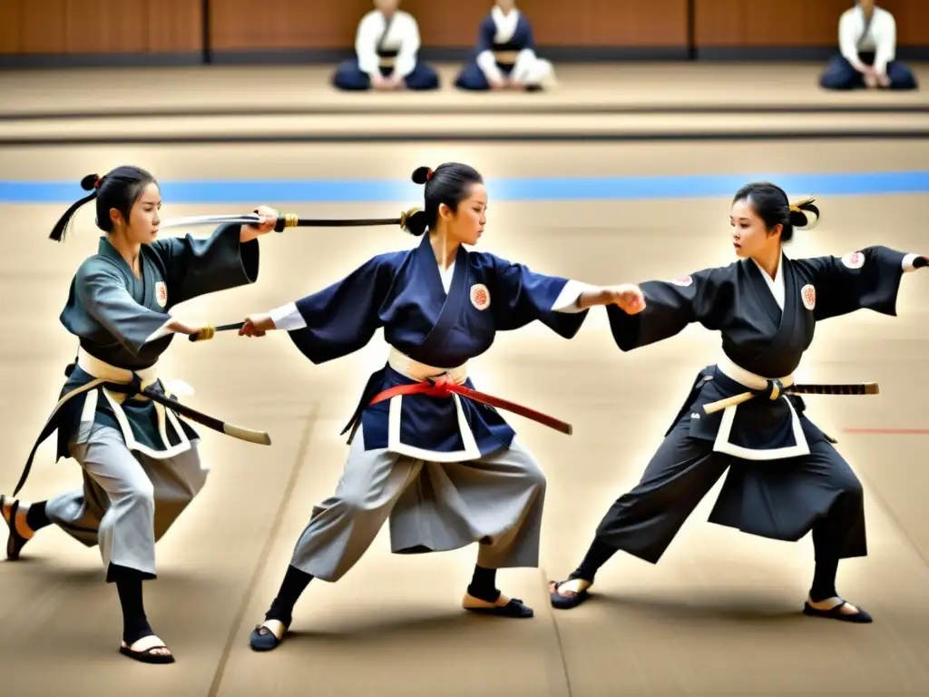 Un grupo de practicantes de Naginatajutsu en trajes samurái tradicionales demuestran su habilidad con gracia y determinación en una competición