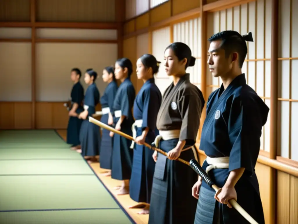 Grupo de principiantes en uniformes blancos de kendo, sosteniendo shinai de bambú en un dojo luminoso