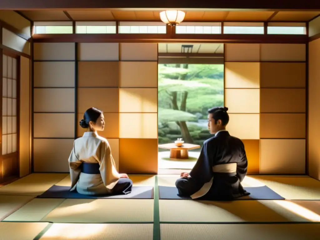 Un grupo de profesionales de negocios en un salón de té japonés tradicional, participando en una sesión respetuosa y enfocada de negociación