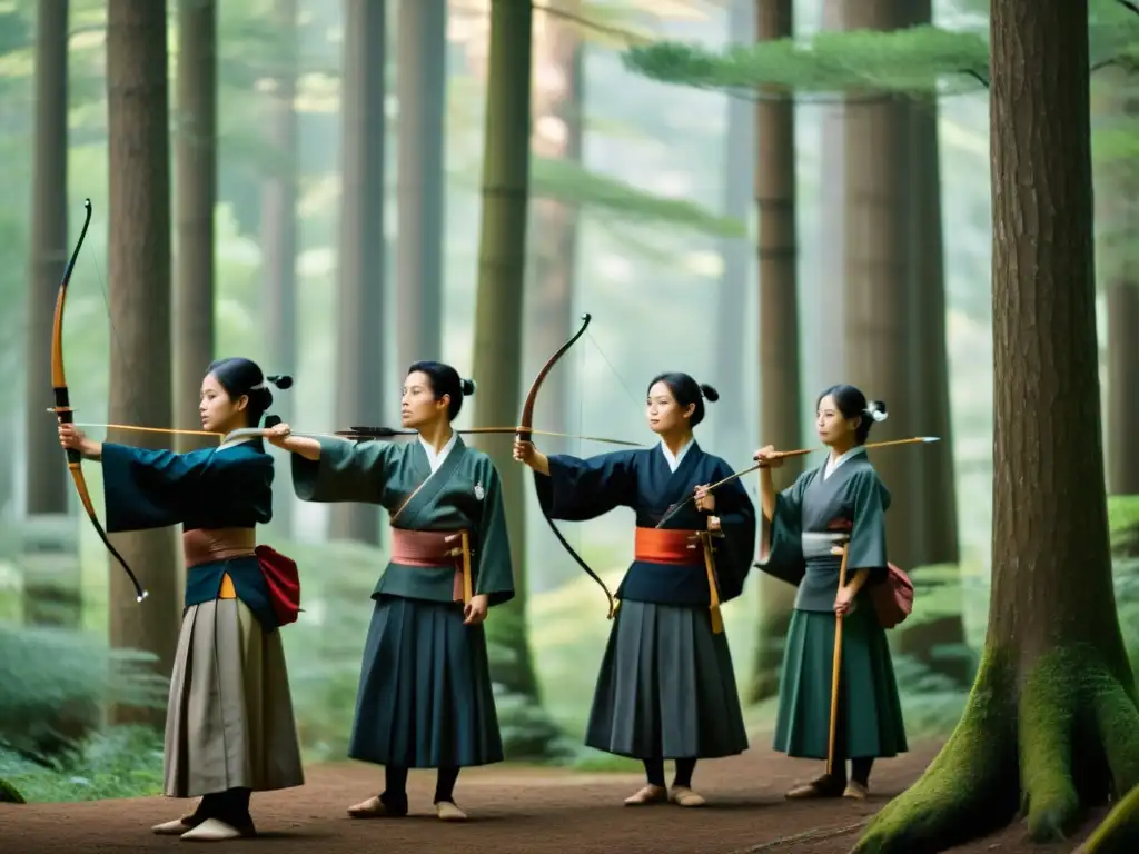 Un grupo de renombrados practicantes de Kyudo en atuendo tradicional, listos con arcos y flechas en un bosque sereno