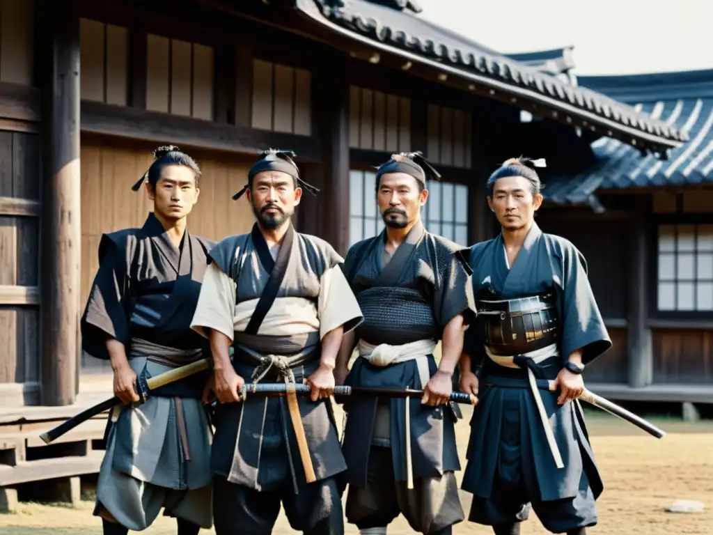 Un grupo de ronin con aspecto cansado frente a un edificio japonés tradicional en blanco y negro