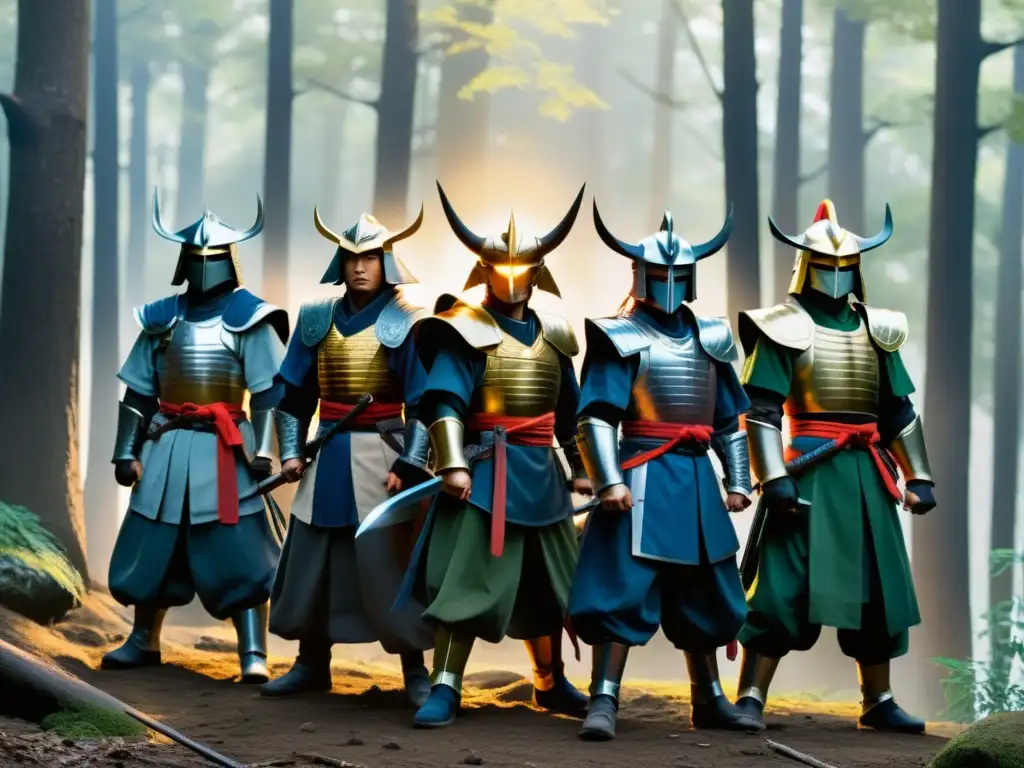 Un grupo de ronin en un bosque, expresando honor y lealtad