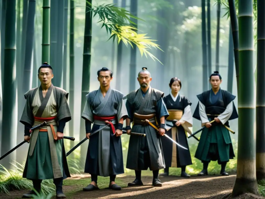 Un grupo de ronin en un bosque de bambú feudal japonés, con expresiones determinadas y contemplativas