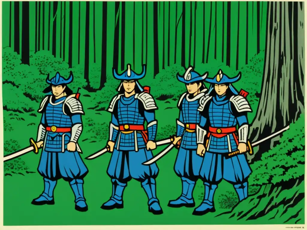 Grupo de ronin en un bosque, mostrando jerarquías feudales en Japón con su armadura y armas desgastadas, evocando honor y resiliencia