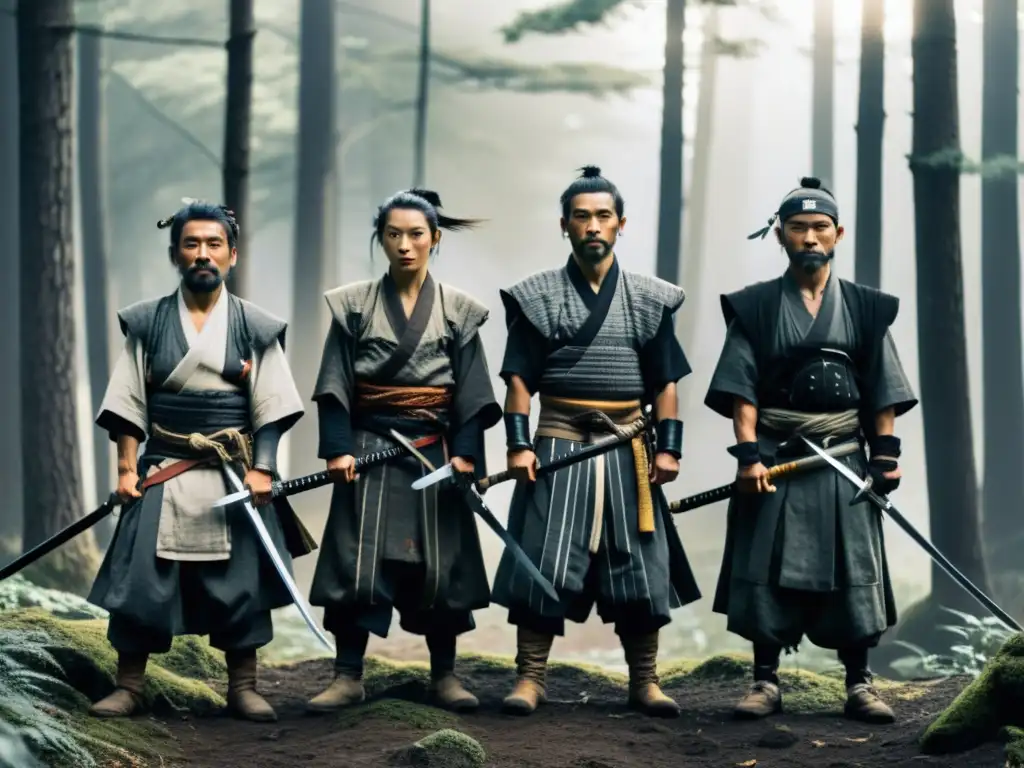 Un grupo de ronin en un bosque neblinoso, con expresiones determinadas y desgastadas espadas, evoca la transformación de la imagen de los ronin