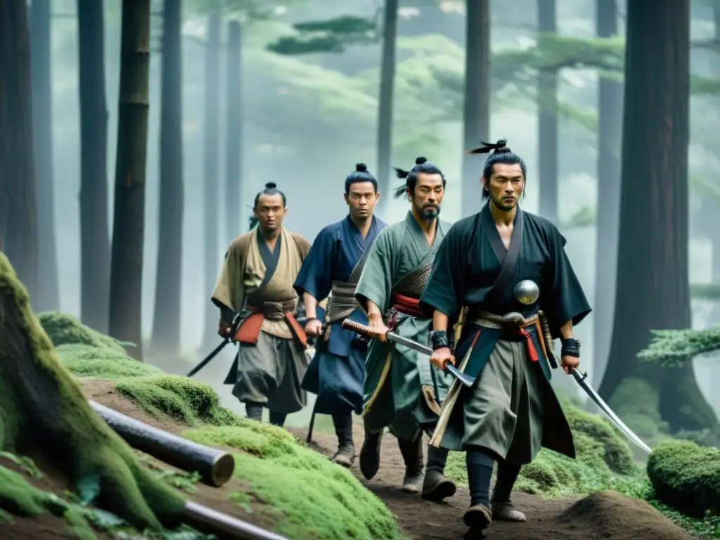 Un grupo de ronin atraviesa un bosque neblinoso en el Japón feudal, evocando la enigmática y compleja percepción de la historia ronin moderna