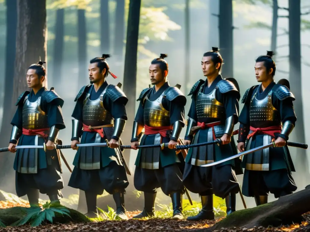 Un grupo de ronin en un bosque neblinoso, preparándose para la batalla con determinación y honor