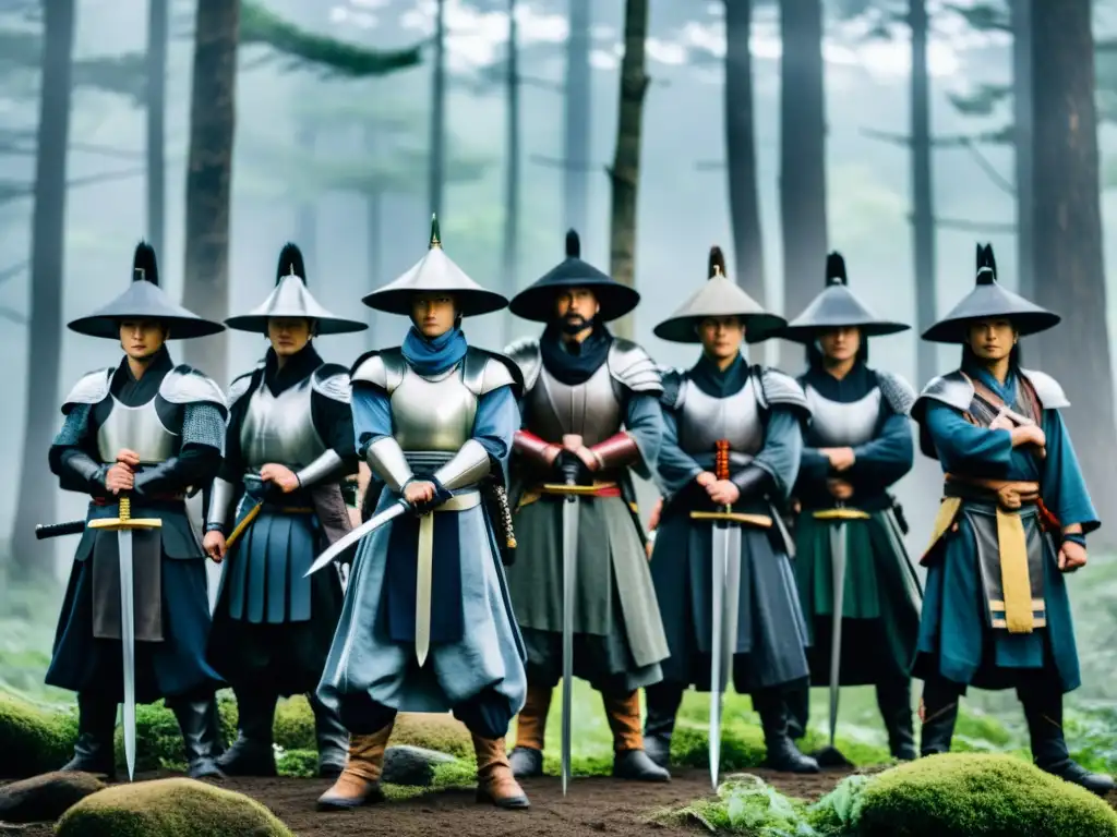 Un grupo de ronin con determinación en un claro del bosque, simbolizando las jerarquías feudales en Japón