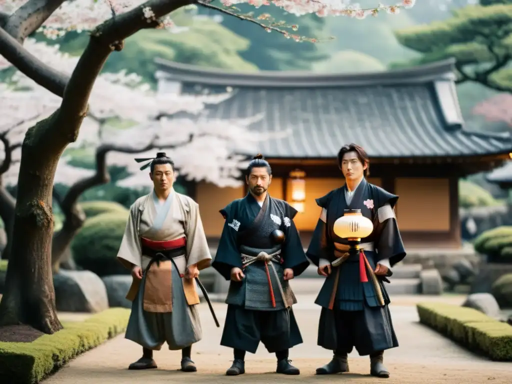 Un grupo de Ronin en un jardín japonés con una atmósfera etérea y la palabra clave 'Vida de los Ronin en la jerarquía samurái'