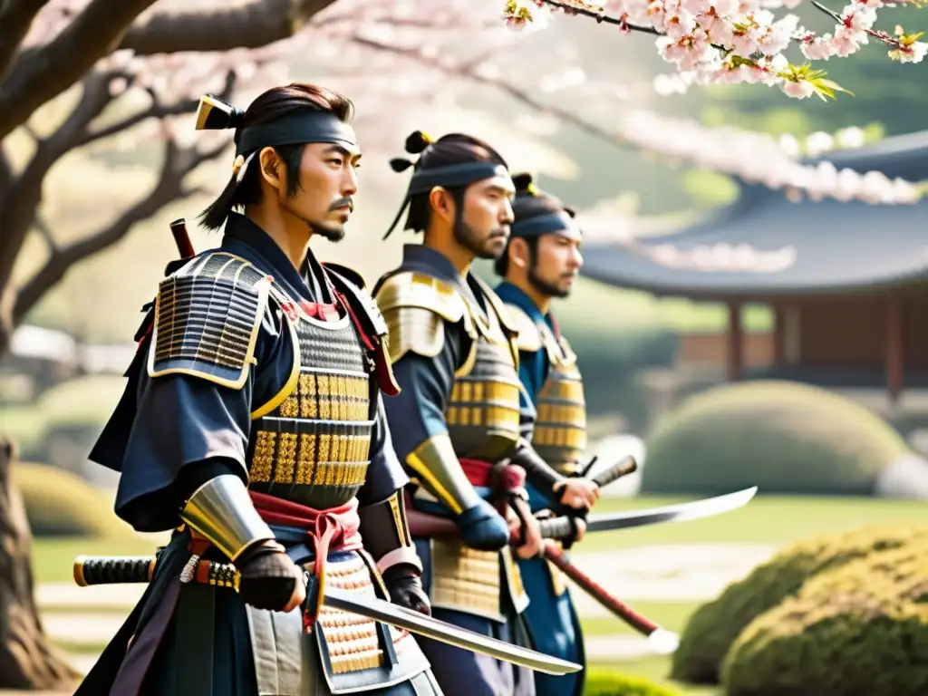 Un grupo de ronin en un jardín japonés con cerezos en flor, exhiben su filosofía implícita, legado ético y compromiso