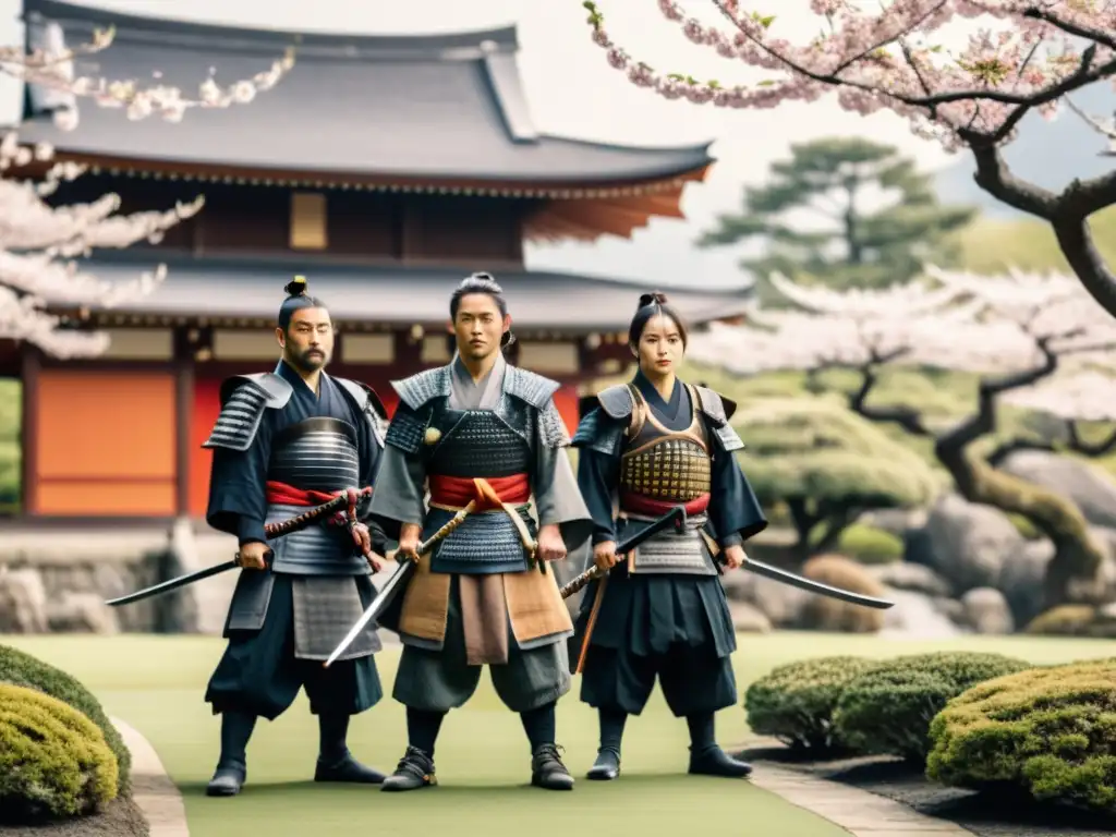 Un grupo de ronin en un jardín japonés con cerezos en flor y una pagoda al fondo, reflejando la vida y leyenda de los ronin