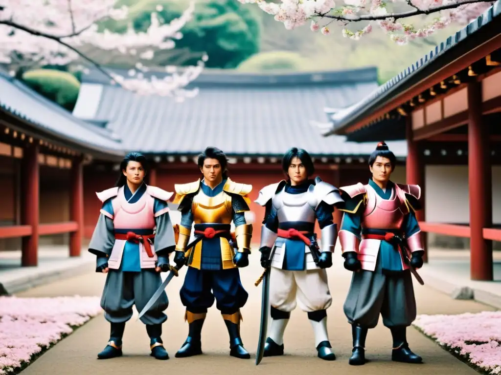 Un grupo de ronin en un patio japonés, rodeados de árboles de cerezo en flor