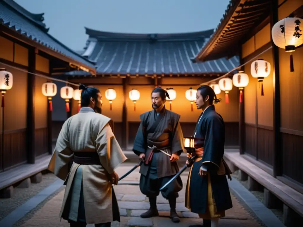 Ronin en el patio: discusión en la penumbra Un grupo de ronin en un patio tenue, discutiendo con katanas a su lado