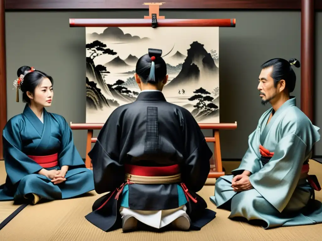 Un grupo de ronin en Japón feudal observa reverente la creación de una pintura, mostrando su contribución cultural