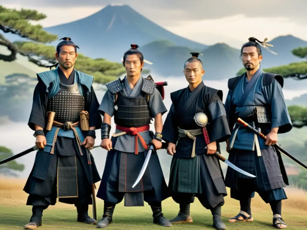 Un grupo de ronin, con vestimenta tradicional y armas, en un paisaje japonés histórico