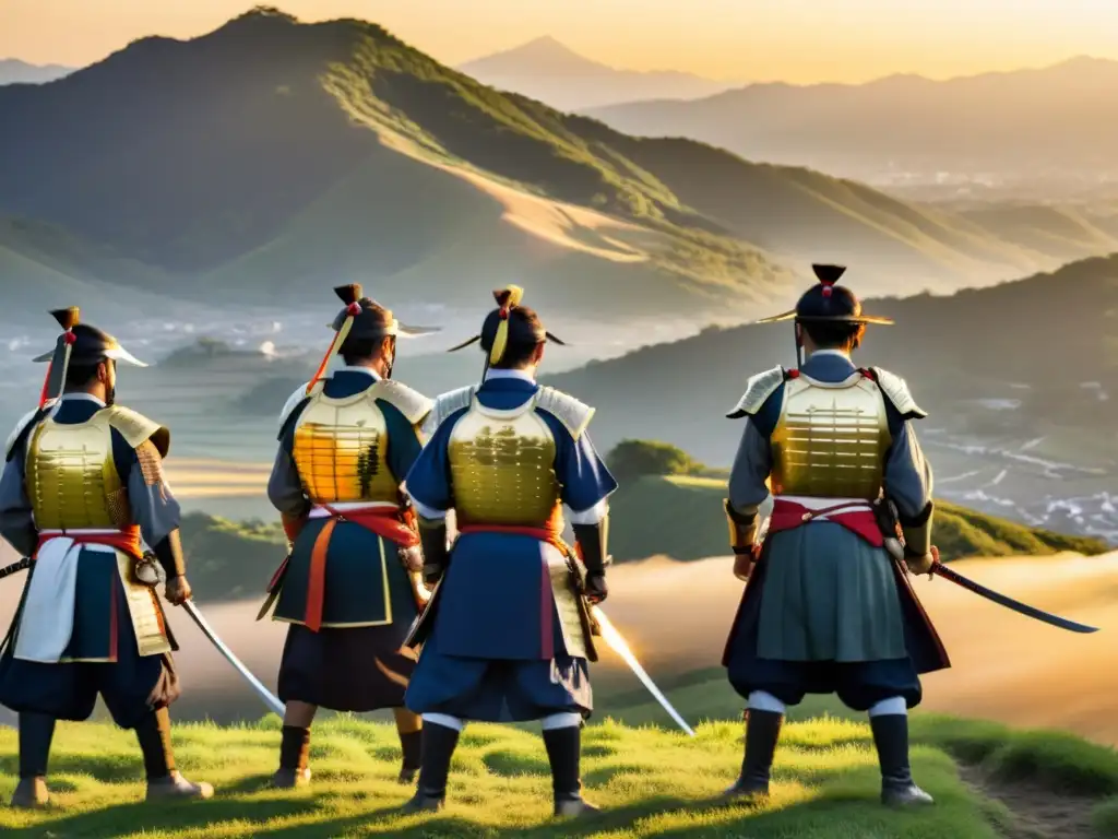 Grupo de Samurai en armadura tradicional, mirando el paisaje rural japonés al atardecer, reflejando la influencia de la Rebelión de Satsuma en la historia japonesa