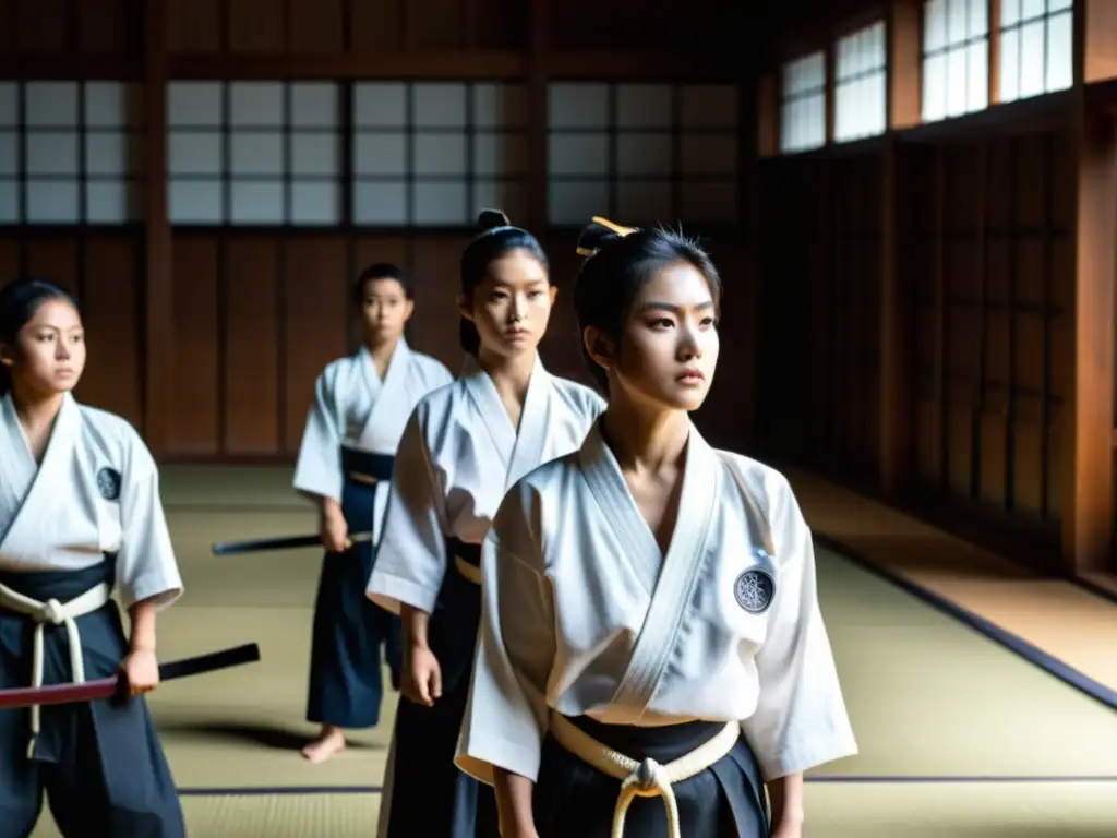 Grupo de jóvenes estudiantes samurái en un dojo tradicional, preparándose para su rito de iniciación en la educación samurái