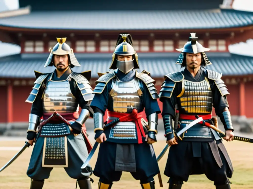 Un grupo de Samurai Imperiales en posición de batalla frente a un castillo japonés, evocando la Rebelión Tenchūgumi