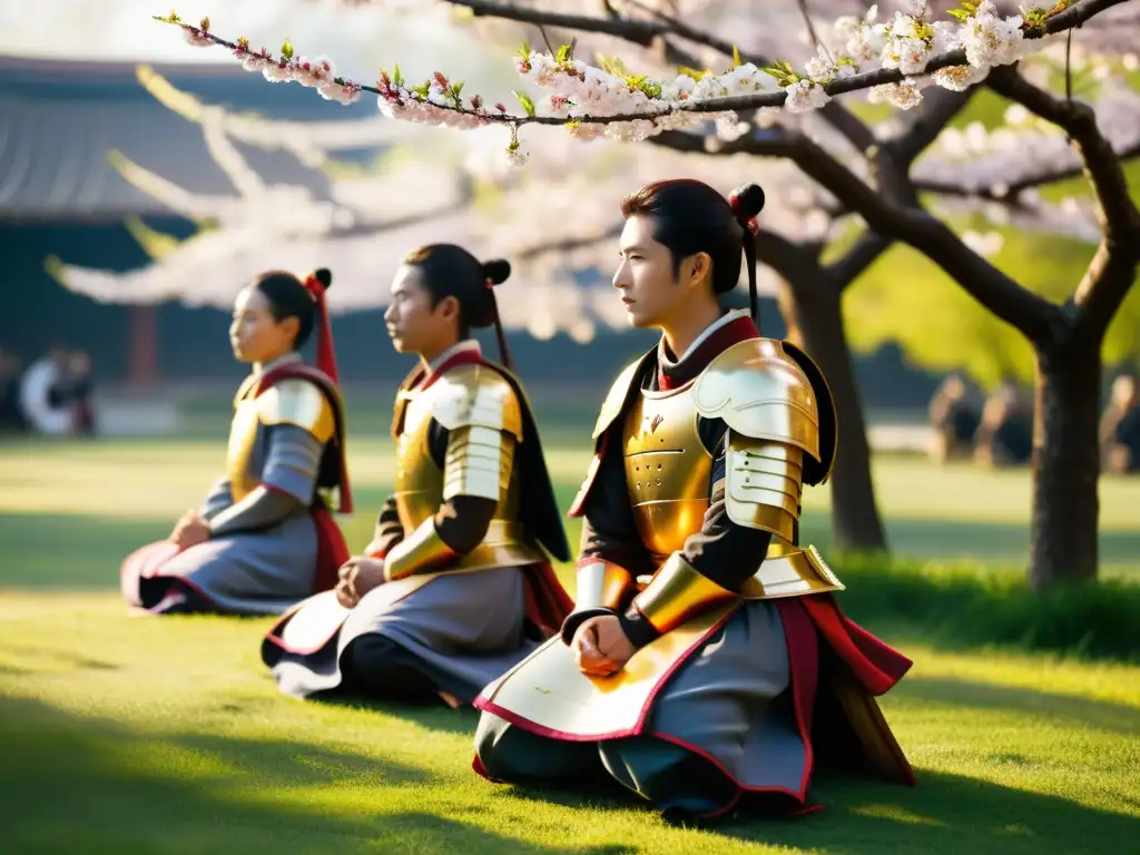 Un grupo de samuráis en un jardín con árboles de cerezo en flor