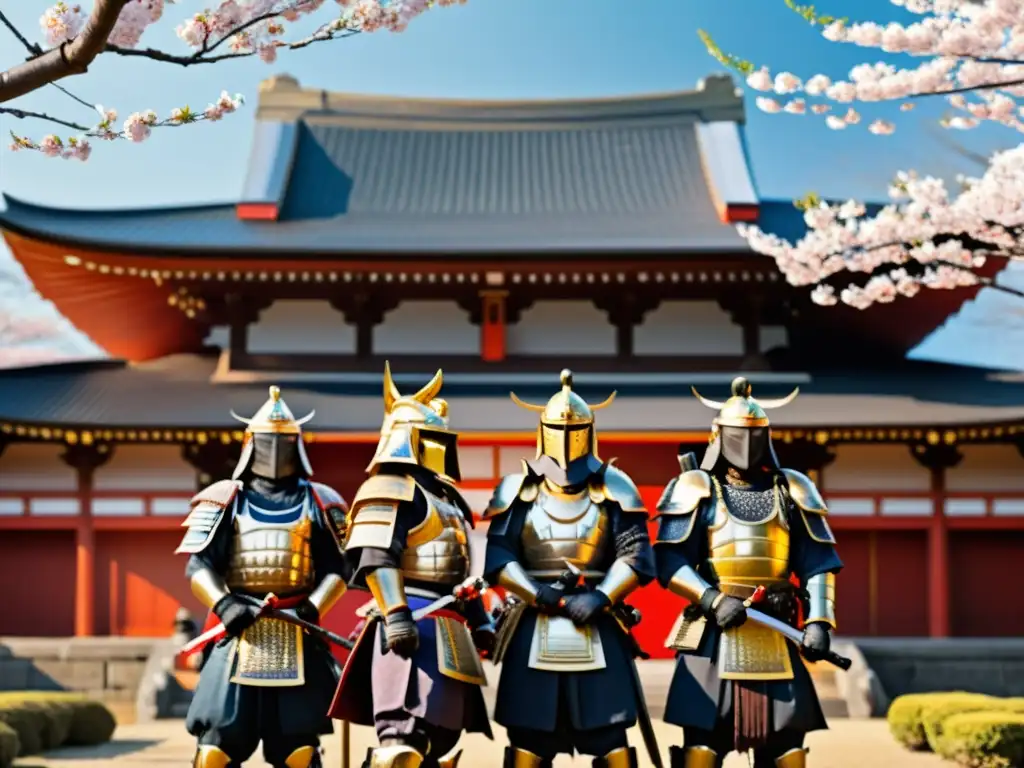 Grupo de samuráis en armadura frente a un templo japonés, rodeados de cerezos en flor