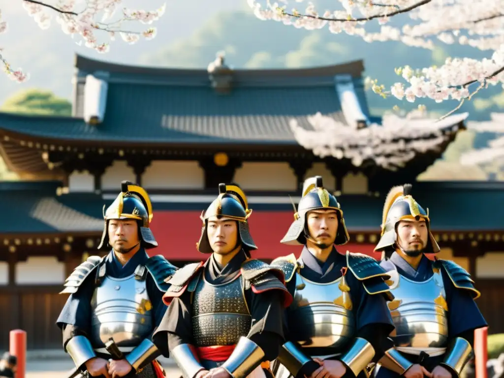 Un grupo de samuráis en armadura frente a un templo japonés, preparándose para la batalla