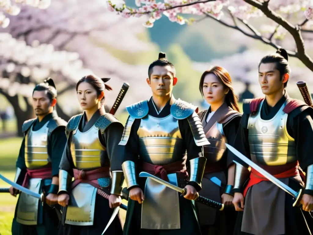 Grupo de samuráis en armadura tradicional y espadas katana bajo cerezos en flor durante la Restauración Meiji