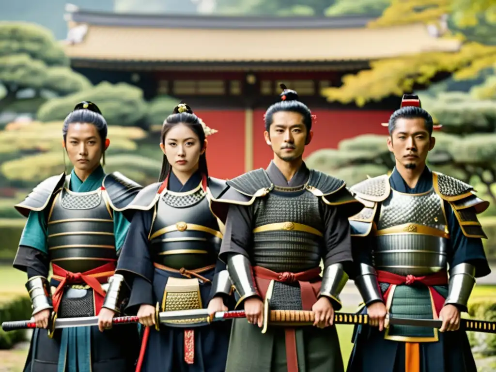 Un grupo de samuráis en armadura tradicional frente a un edificio japonés y jardín