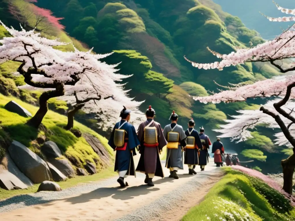 Un grupo de samuráis en armadura tradicional camina entre cerezos en flor en una ruta de peregrinación samurái