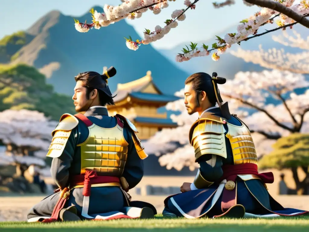 Samuráis en meditación bajo cerezos en flor Grupo de samuráis en armadura tradicional meditan en jardín con árboles de cerezo, mostrando la espiritualidad samurái y el sohei en su vida