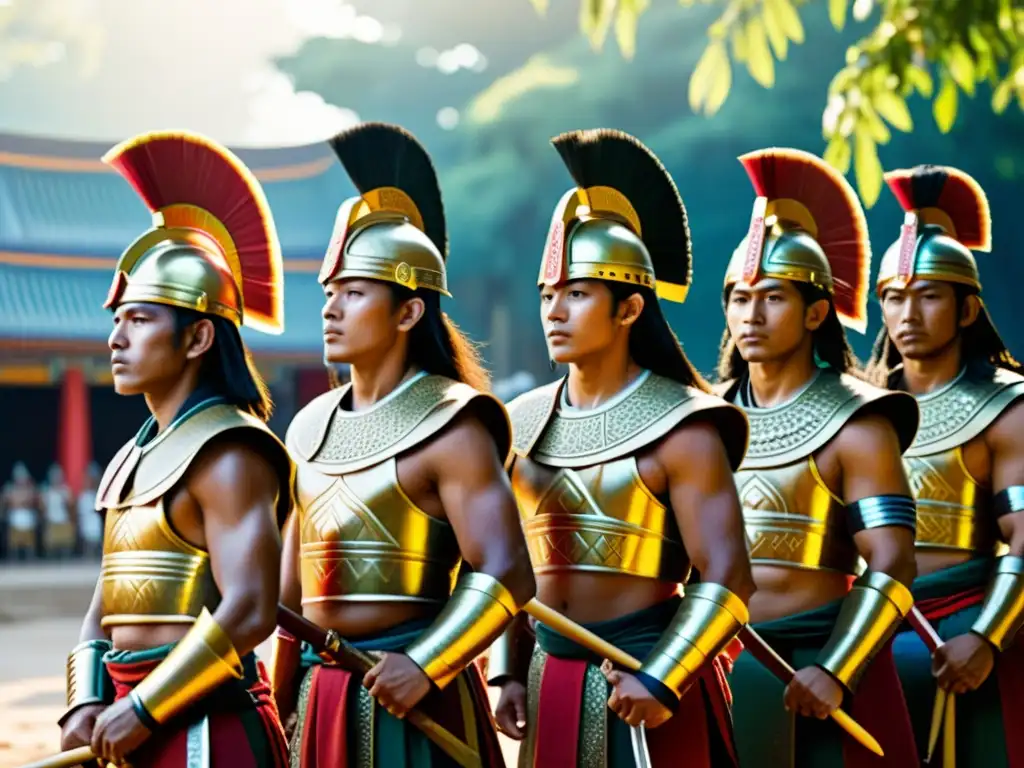 Samuráis ante el templo: un retrato histórico Un grupo de samuráis en armadura tradicional frente a un templo, con la luz del sol iluminando la escena